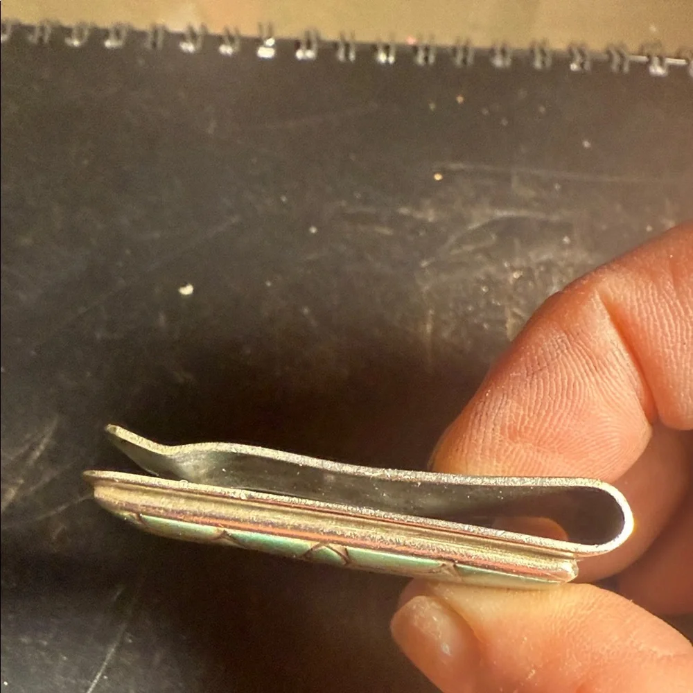 handmade Zuni sterling silver money clip with inlaid turquoise.
